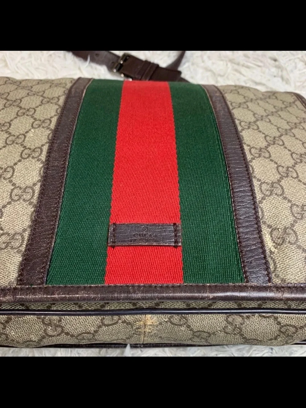 Gucci Brown Monogram Messenger Bag with Red & Green Center Stripe
